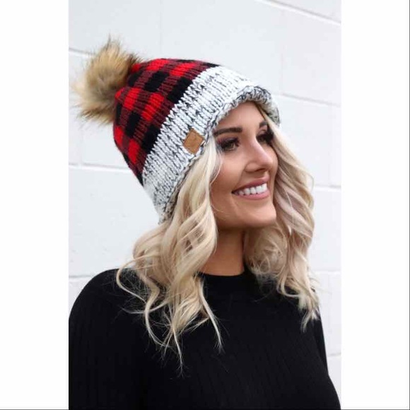Red Buffalo Plaid Knit Hat with Pom Accent - Picture 2 of 3